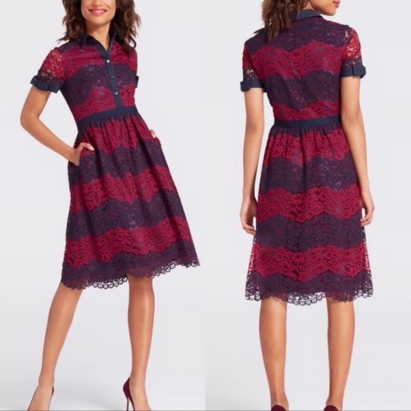 Draper James Dresses & Skirts - Draper James Navy/Fuchsia Short Sleeve Midi Dress Lace Overlay Size 10 Preppy!